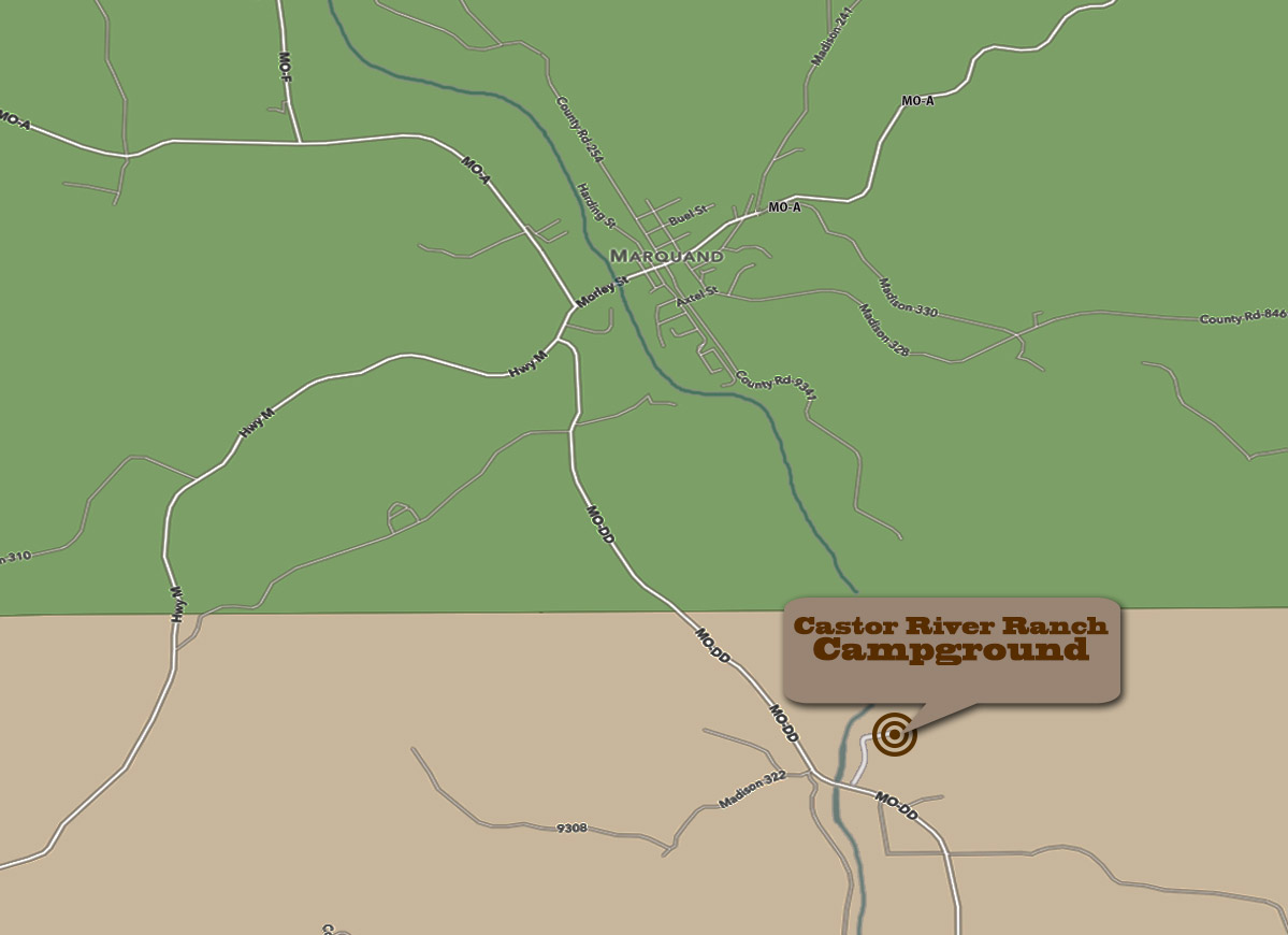 A map showing several roads with the town of Marquand at the center Below marquand is a brown rectangle marking the location of the Castor River Ranch Campground.